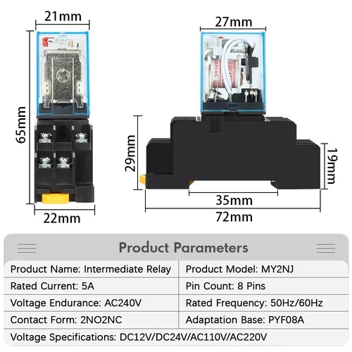 MY2NJ MY4NJ DIN Rail Small Electromagnetic Relay Coil Power Relay DC24V With Socket Base 2NO 2NC
