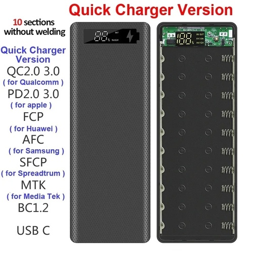 PD QC3.0 Quick Charge Welding Free 10*18650 Battery Storage Box DIY Shell Case 18650 Battery Holder Box Dual USB Power Bank Case